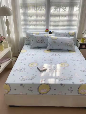 91家纺网 家纺一手货源 找家纺 极梦家纺 2025新款磨毛植物羊绒印花单床笠三件套学生宿舍 蓝白兔床笠款