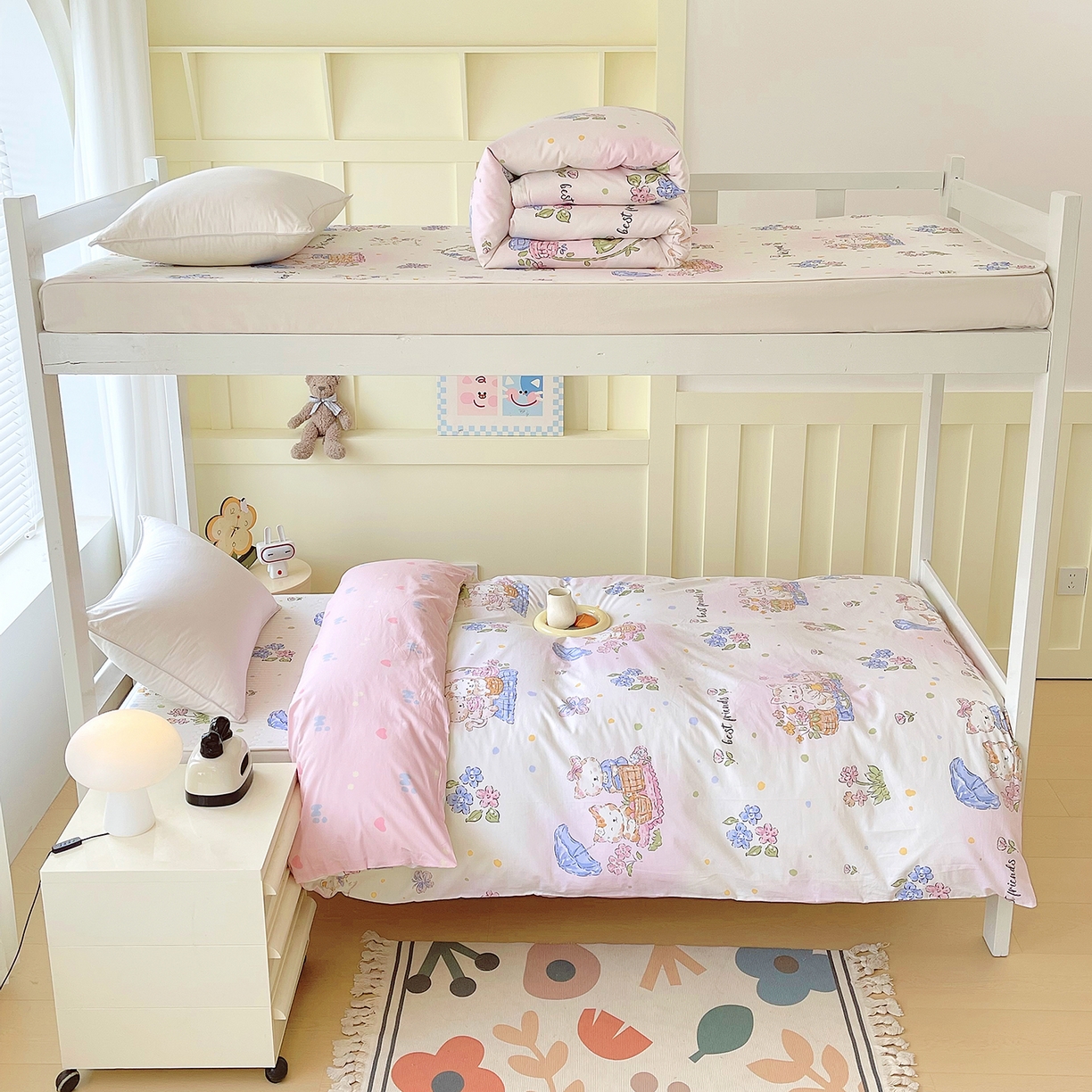 91家纺网 家纺一手货源 找家纺 金鑫汇家纺2025新款全棉纯棉宿舍印花学生宿舍上下铺三件套单被套 喵喵日记