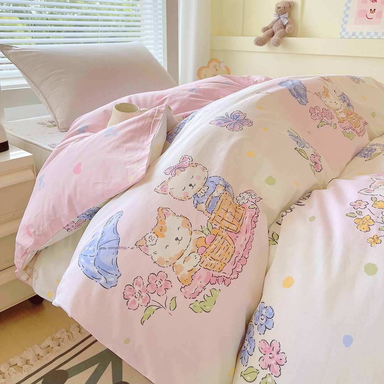 91家纺网 家纺一手货源 找家纺 金鑫汇家纺2025新款全棉纯棉宿舍印花学生宿舍上下铺三件套单被套 喵喵日记