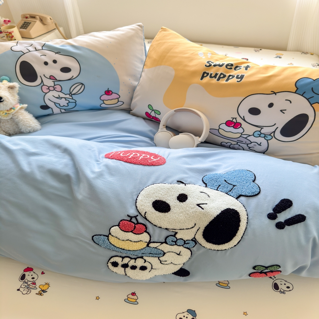 91家纺网 家纺一手货源 找家纺 一霖家纺 2025新款高克重云朵棉毛巾绣印绣四件套-小清新系列-第三波 小努比