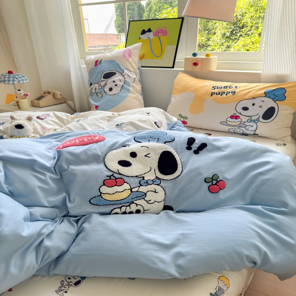 91家纺网 家纺一手货源 找家纺 一霖家纺 2025新款高克重云朵棉毛巾绣印绣四件套-小清新系列-第三波 小努比