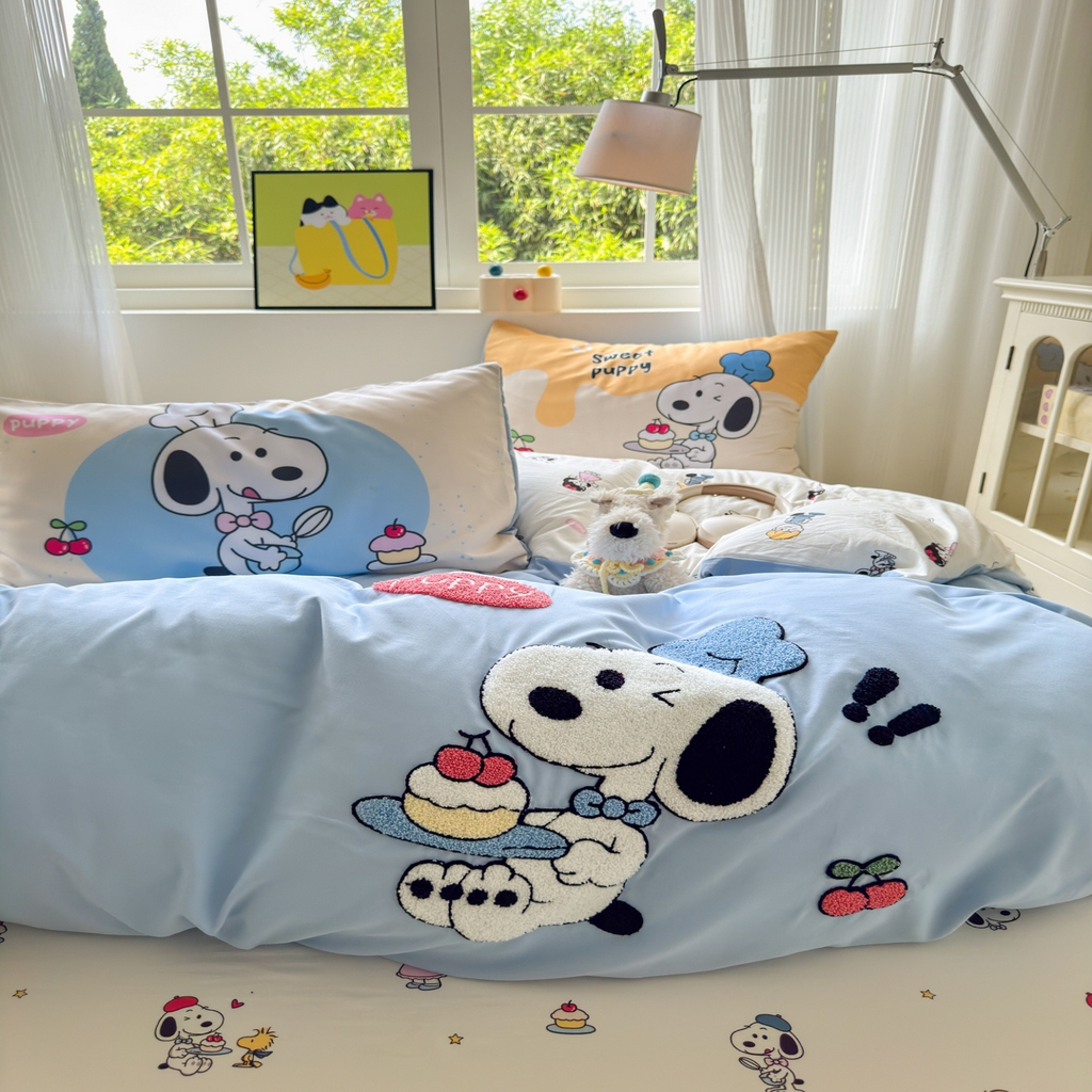 91家纺网 家纺一手货源 找家纺 一霖家纺 2025新款高克重云朵棉毛巾绣印绣四件套-小清新系列-第三波 小努比