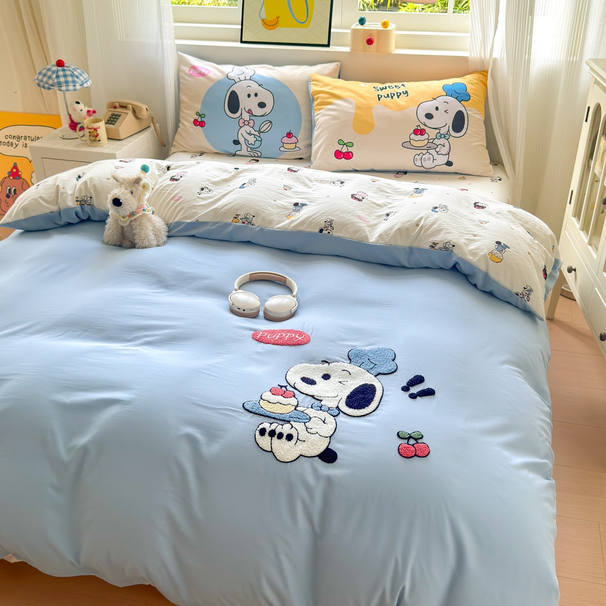 91家纺网 家纺一手货源 找家纺 一霖家纺 2025新款高克重云朵棉毛巾绣印绣四件套-小清新系列-第三波 小努比