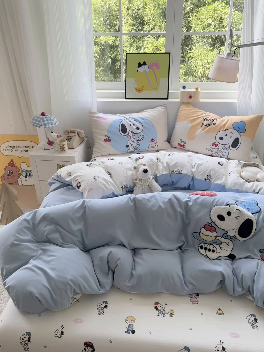 91家纺网 家纺一手货源 找家纺 一霖家纺 2025新款高克重云朵棉毛巾绣印绣四件套-小清新系列-第三波 小努比