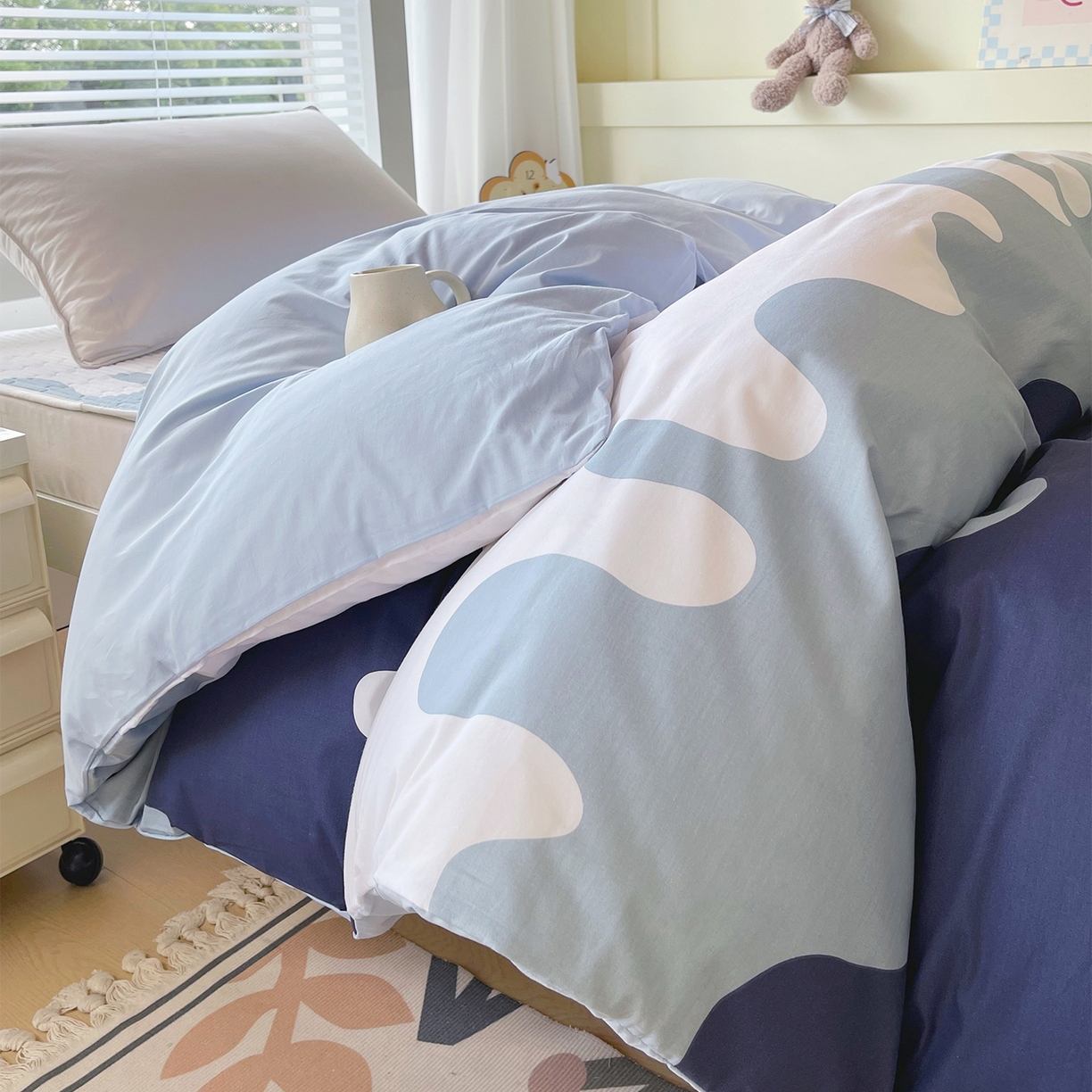 金鑫汇家纺2025新款全棉纯棉宿舍印花学生宿舍上下铺三件套单被套 奶油蓝