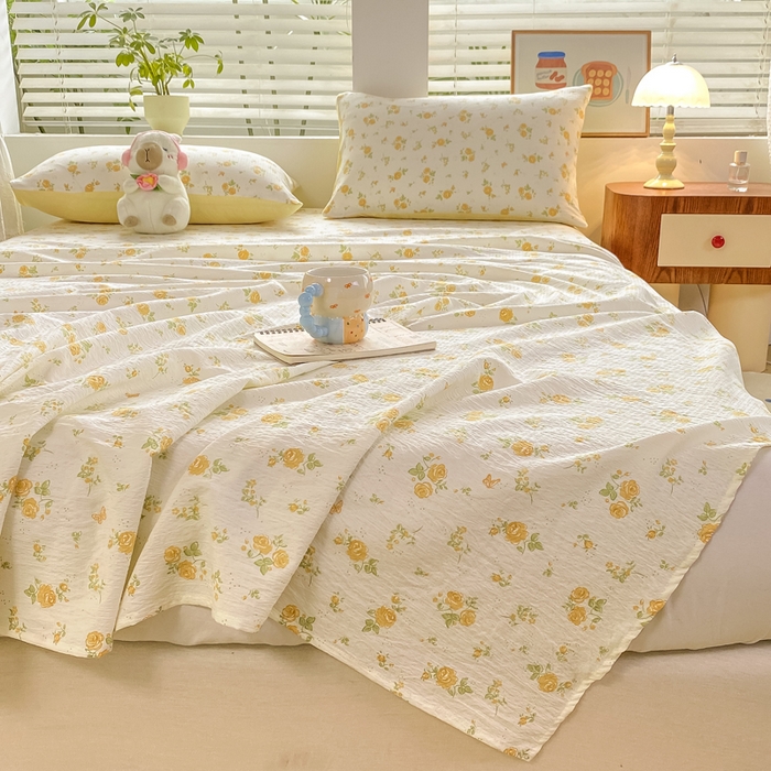 91家纺网 家纺一手货源 找家纺 （总）雅阁尔家纺 2025新款直播小红书ins风针织提花双层纱美式碎花简约床单单品单床单+枕套