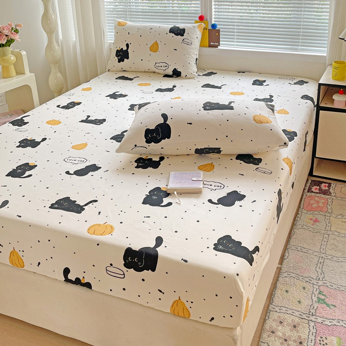 91家纺网 家纺一手货源 找家纺 极梦家纺 2025新款磨毛植物羊绒印花单床笠三件套学生宿舍 南瓜小猫床笠款