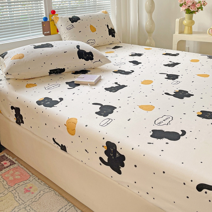 91家纺网 家纺一手货源 找家纺 极梦家纺 2025新款磨毛植物羊绒印花单床笠三件套学生宿舍 南瓜小猫床笠款