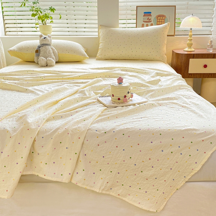 91家纺网 家纺一手货源 找家纺 雅阁尔家纺 2025新款直播小红书ins风针织提花双层纱美式碎花简约床单单品单床单+枕套 彩色波波