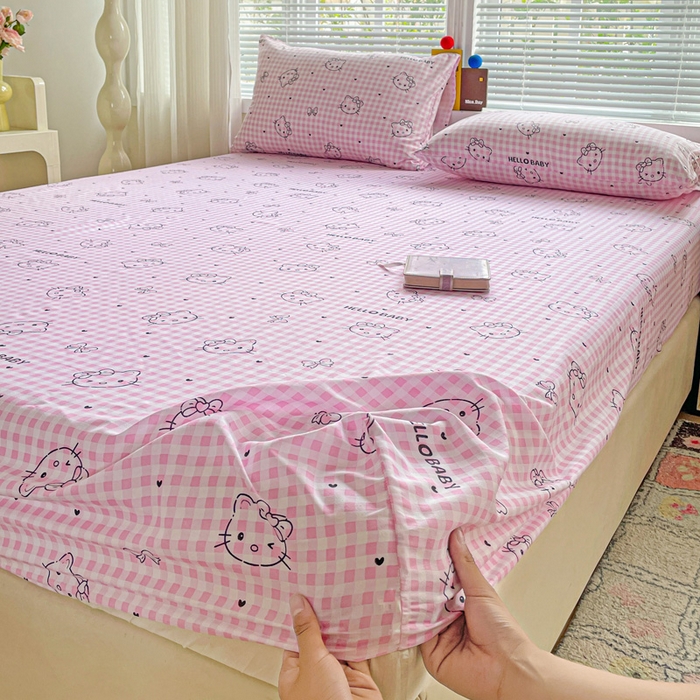 极梦家纺 2025新款磨毛植物羊绒印花单床笠三件套学生宿舍 线条kt猫粉床笠款