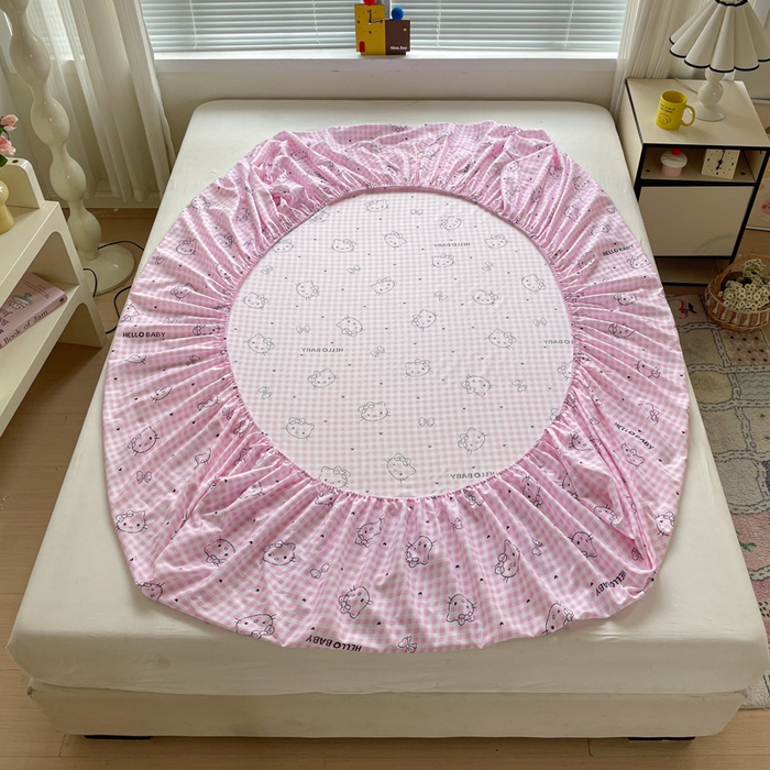 91家纺网 家纺一手货源 找家纺 极梦家纺 2025新款磨毛植物羊绒印花单床笠三件套学生宿舍 线条kt猫粉床笠款