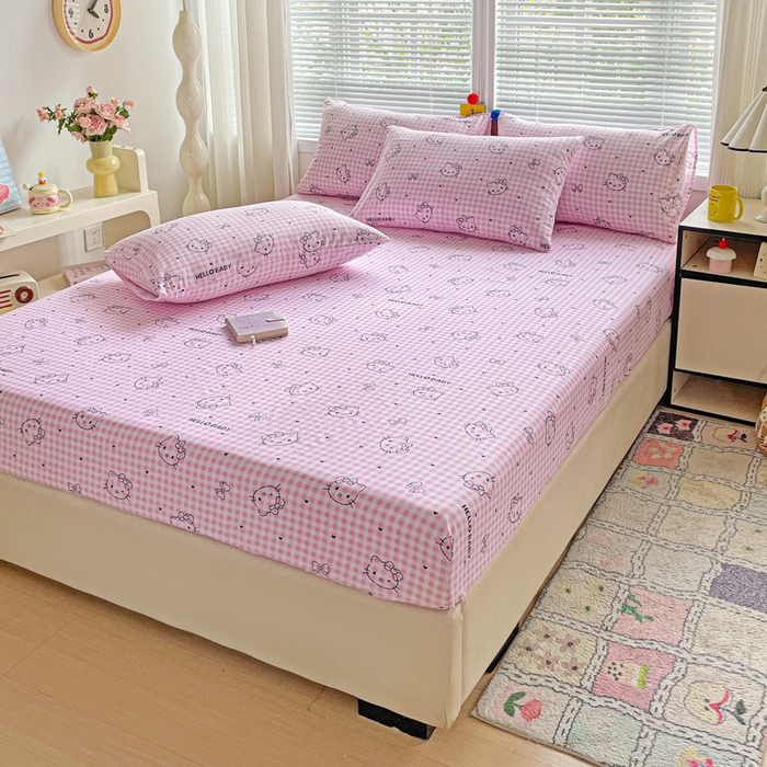 91家纺网 家纺一手货源 找家纺 极梦家纺 2025新款磨毛植物羊绒印花单床笠三件套学生宿舍 线条kt猫粉床笠款