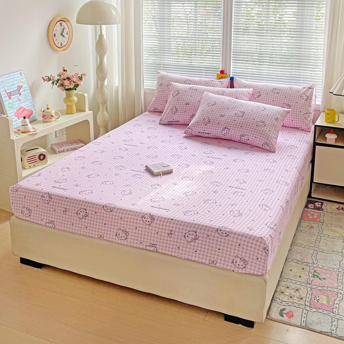 91家纺网 家纺一手货源 找家纺 极梦家纺 2025新款磨毛植物羊绒印花单床笠三件套学生宿舍 线条kt猫粉床笠款