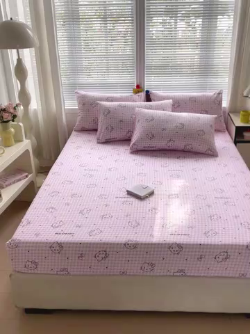 91家纺网 家纺一手货源 找家纺 极梦家纺 2025新款磨毛植物羊绒印花单床笠三件套学生宿舍 线条kt猫粉床笠款