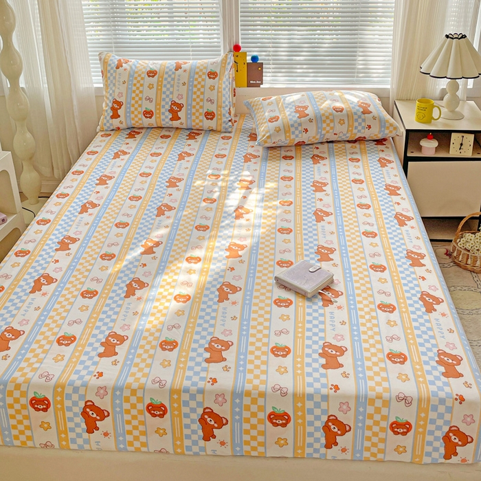 91家纺网 家纺一手货源 找家纺 极梦家纺 2025新款磨毛植物羊绒印花单床笠三件套学生宿舍 小萌熊仔床笠款