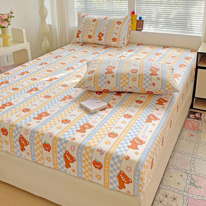 91家纺网 家纺一手货源 找家纺 极梦家纺 2025新款磨毛植物羊绒印花单床笠三件套学生宿舍 小萌熊仔床笠款