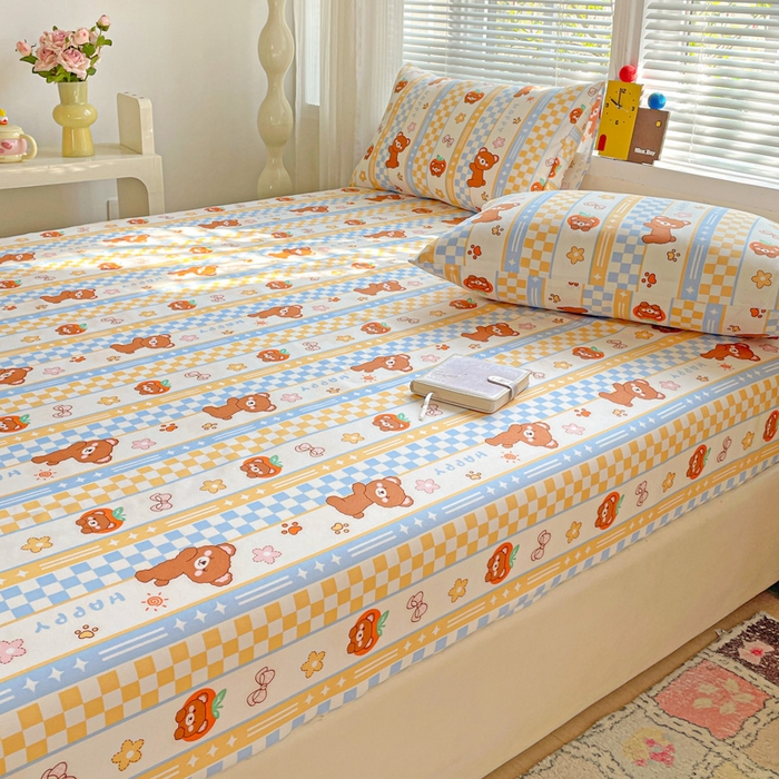 91家纺网 家纺一手货源 找家纺 极梦家纺 2025新款磨毛植物羊绒印花单床笠三件套学生宿舍 小萌熊仔床笠款