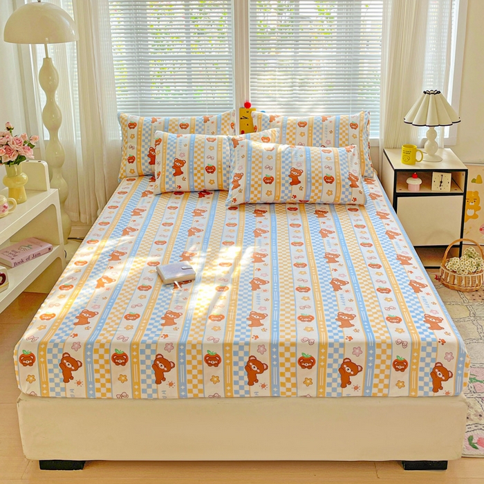 91家纺网 家纺一手货源 找家纺 极梦家纺 2025新款磨毛植物羊绒印花单床笠三件套学生宿舍 小萌熊仔床笠款