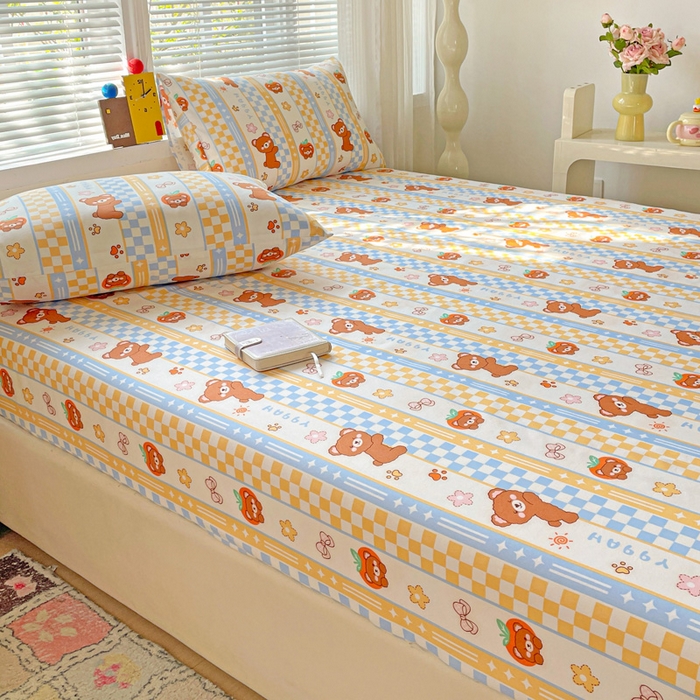 91家纺网 家纺一手货源 找家纺 极梦家纺 2025新款磨毛植物羊绒印花单床笠三件套学生宿舍 小萌熊仔床笠款