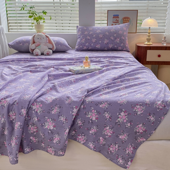 91家纺网 家纺一手货源 找家纺 雅阁尔家纺 2025新款直播小红书ins风针织提花双层纱美式碎花简约床单单品单床单+枕套 豆蔻年华