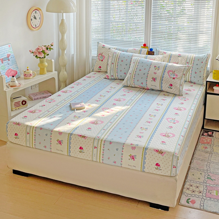 91家纺网 家纺一手货源 找家纺 极梦家纺 2025新款磨毛植物羊绒印花单床笠三件套学生宿舍 小兔蘑菇床笠款