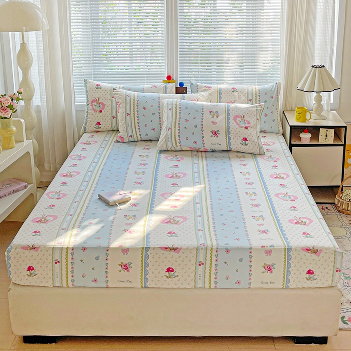 91家纺网 家纺一手货源 找家纺 极梦家纺 2025新款磨毛植物羊绒印花单床笠三件套学生宿舍 小兔蘑菇床笠款