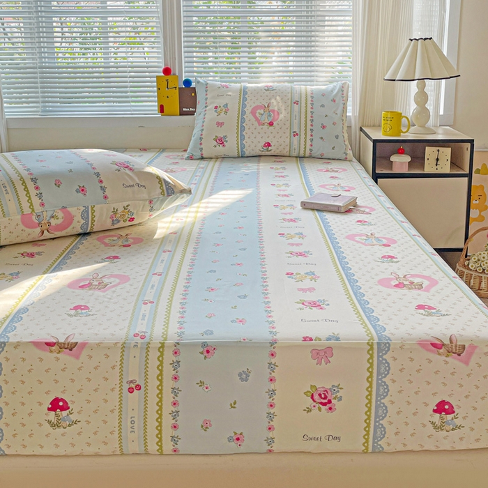 91家纺网 家纺一手货源 找家纺 极梦家纺 2025新款磨毛植物羊绒印花单床笠三件套学生宿舍 小兔蘑菇床笠款