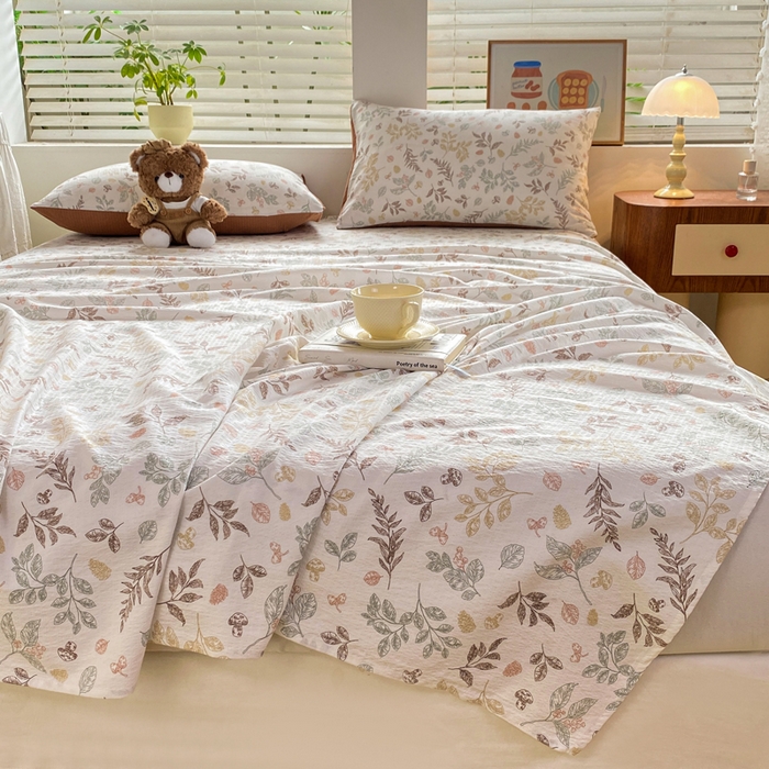 91家纺网 家纺一手货源 找家纺 雅阁尔家纺 2025新款直播小红书ins风针织提花双层纱美式碎花简约床单单品单床单+枕套 金枝玉叶