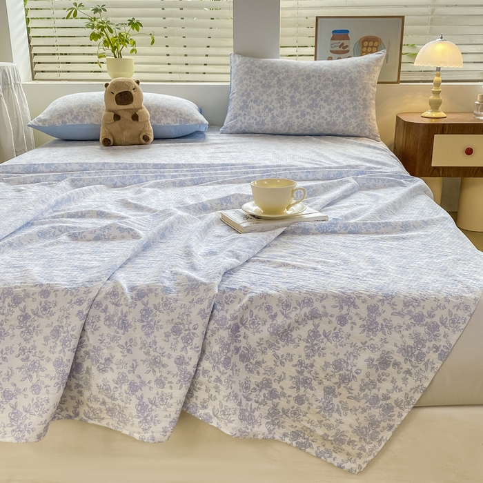 91家纺网 家纺一手货源 找家纺 雅阁尔家纺 2025新款直播小红书ins风针织提花双层纱美式碎花简约床单单品单床单+枕套 蓝玫瑰