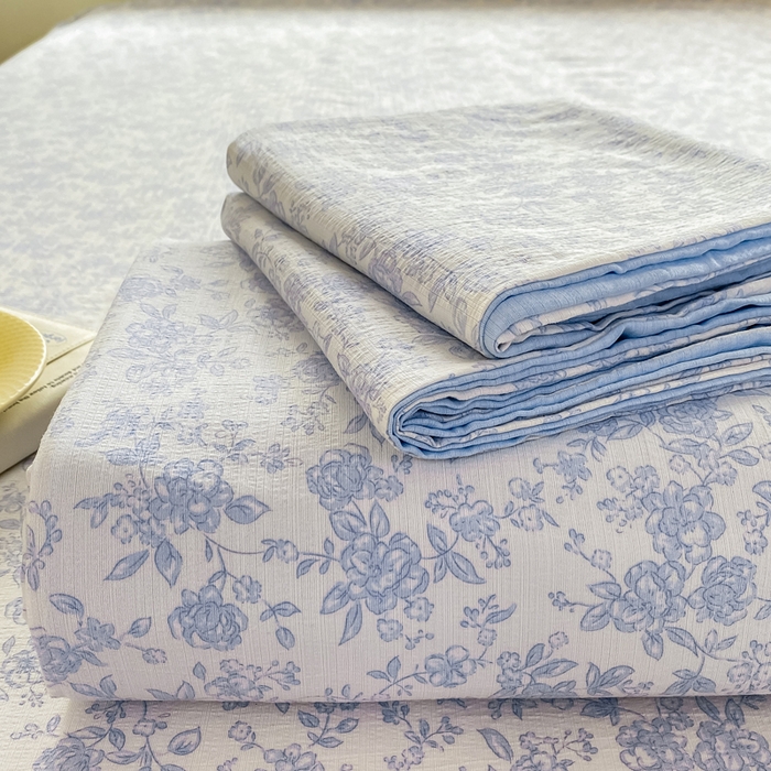 91家纺网 家纺一手货源 找家纺 雅阁尔家纺 2025新款直播小红书ins风针织提花双层纱美式碎花简约床单单品单床单+枕套 蓝玫瑰