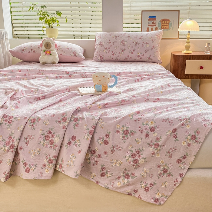 91家纺网 家纺一手货源 找家纺 雅阁尔家纺 2025新款直播小红书ins风针织提花双层纱美式碎花简约床单单品单床单+枕套 玫瑰物语