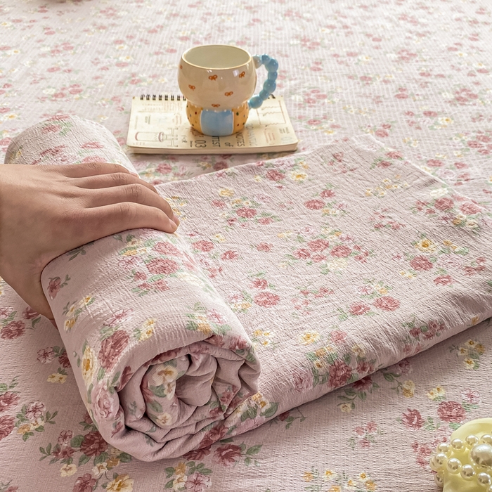 91家纺网 家纺一手货源 找家纺 雅阁尔家纺 2025新款直播小红书ins风针织提花双层纱美式碎花简约床单单品单床单+枕套 玫瑰物语