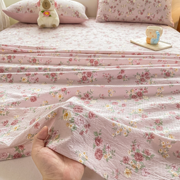 91家纺网 家纺一手货源 找家纺 雅阁尔家纺 2025新款直播小红书ins风针织提花双层纱美式碎花简约床单单品单床单+枕套 玫瑰物语