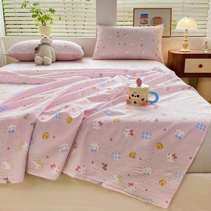 91家纺网 家纺一手货源 找家纺 雅阁尔家纺 2025新款直播小红书ins风针织提花双层纱美式碎花简约床单单品单床单+枕套 咪咪宝贝