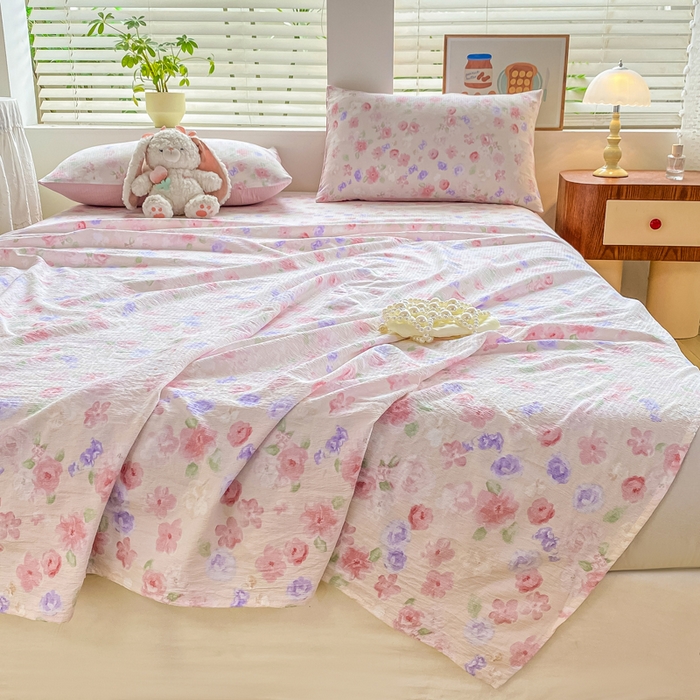 91家纺网 家纺一手货源 找家纺 雅阁尔家纺 2025新款直播小红书ins风针织提花双层纱美式碎花简约床单单品单床单+枕套 山花烂漫