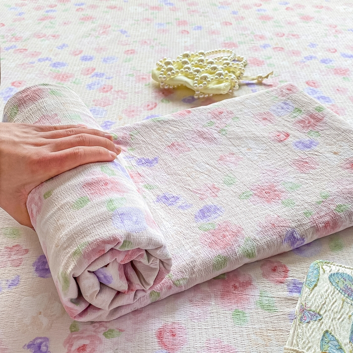 91家纺网 家纺一手货源 找家纺 雅阁尔家纺 2025新款直播小红书ins风针织提花双层纱美式碎花简约床单单品单床单+枕套 山花烂漫