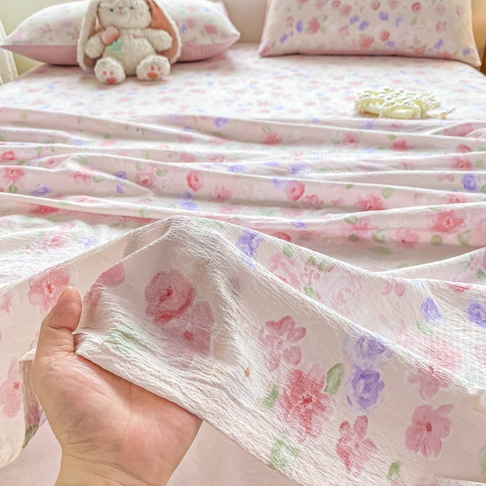 91家纺网 家纺一手货源 找家纺 雅阁尔家纺 2025新款直播小红书ins风针织提花双层纱美式碎花简约床单单品单床单+枕套 山花烂漫