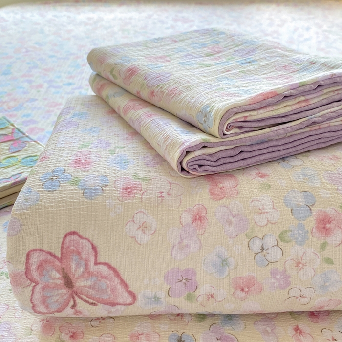 91家纺网 家纺一手货源 找家纺 雅阁尔家纺 2025新款直播小红书ins风针织提花双层纱美式碎花简约床单单品单床单+枕套 逃之夭夭