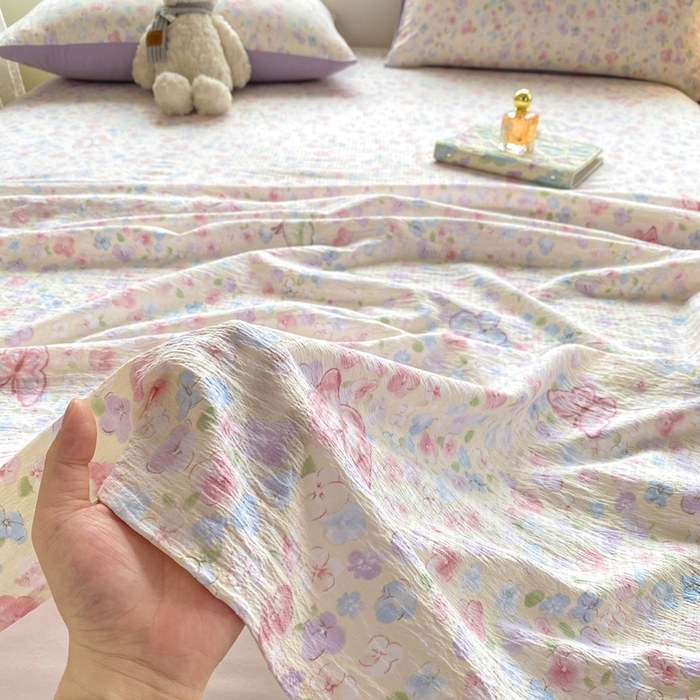 91家纺网 家纺一手货源 找家纺 雅阁尔家纺 2025新款直播小红书ins风针织提花双层纱美式碎花简约床单单品单床单+枕套 逃之夭夭