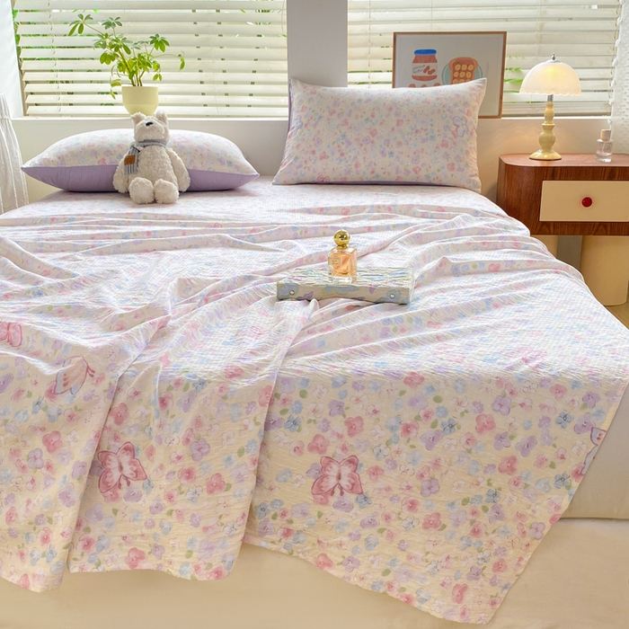 91家纺网 家纺一手货源 找家纺 雅阁尔家纺 2025新款直播小红书ins风针织提花双层纱美式碎花简约床单单品单床单+枕套 逃之夭夭