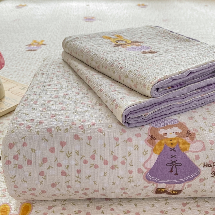 91家纺网 家纺一手货源 找家纺 雅阁尔家纺 2025新款直播小红书ins风针织提花双层纱美式碎花简约床单单品单床单+枕套 小萝莉