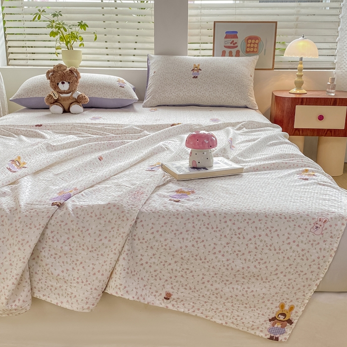 91家纺网 家纺一手货源 找家纺 雅阁尔家纺 2025新款直播小红书ins风针织提花双层纱美式碎花简约床单单品单床单+枕套 小萝莉