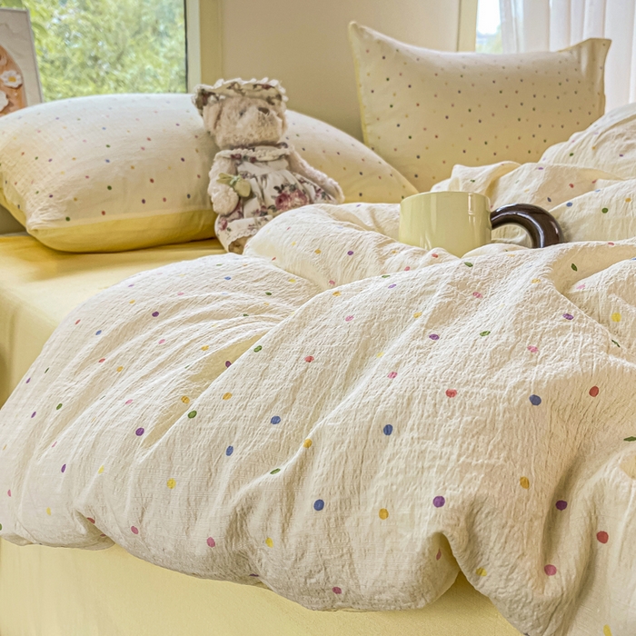 91家纺网 家纺一手货源 找家纺 雅阁尔家纺 2025新款直播小红书ins风针织提花双层纱美式碎花简约风单品单被套 彩色波波