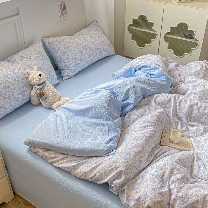 91家纺网 家纺一手货源 找家纺 雅阁尔家纺 2025新款直播小红书ins风针织提花双层纱美式碎花简约风单品单被套 蓝玫瑰