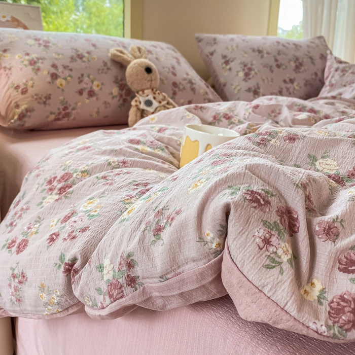 91家纺网 家纺一手货源 找家纺 雅阁尔家纺 2025新款直播小红书ins风针织提花双层纱美式碎花简约风单品单被套 玫瑰物语