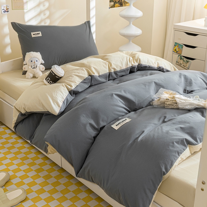 91家纺网 家纺一手货源 找家纺 佳汐蓝家纺 2025新款A类全棉水洗棉学生三件套 贴标-中灰+奶茶