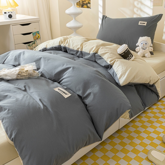 91家纺网 家纺一手货源 找家纺 佳汐蓝家纺 2025新款A类全棉水洗棉学生三件套 贴标-中灰+奶茶