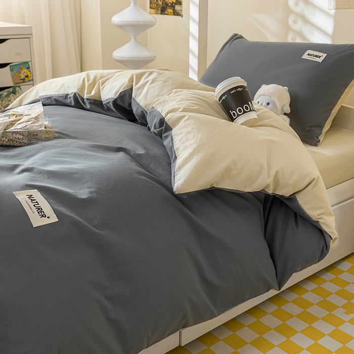 91家纺网 家纺一手货源 找家纺 佳汐蓝家纺 2025新款A类全棉水洗棉学生三件套 贴标-中灰+奶茶