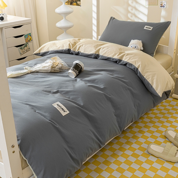 91家纺网 家纺一手货源 找家纺 佳汐蓝家纺 2025新款A类全棉水洗棉学生三件套 贴标-中灰+奶茶