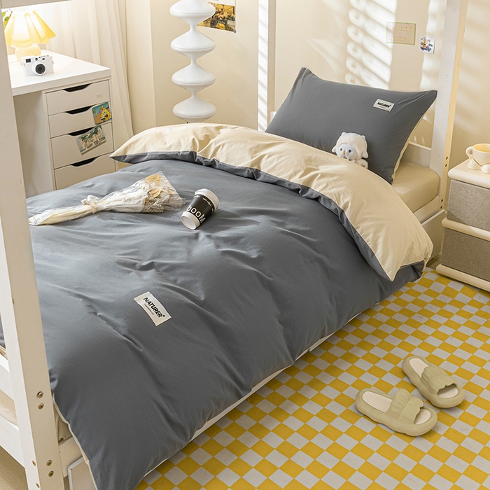 91家纺网 家纺一手货源 找家纺 佳汐蓝家纺 2025新款A类全棉水洗棉学生三件套 贴标-中灰+奶茶